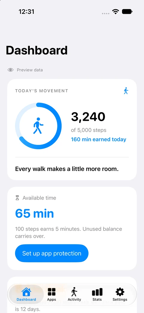 FeedFare dashboard with example steps, earned minutes, and the walking rule.